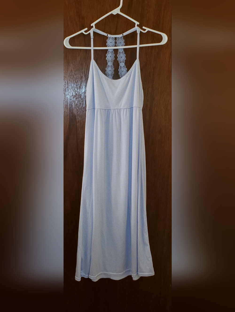 Laura Ashley Light Blue Striped Sleep Chemise with Lace Back